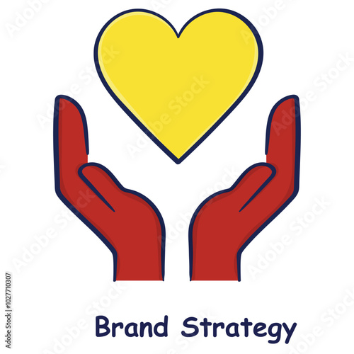 Vector icon for Brand Strategy. Depicts two hands holding a heart, symbolizing care, emotional branding, and building customer loyalty hand drawn.