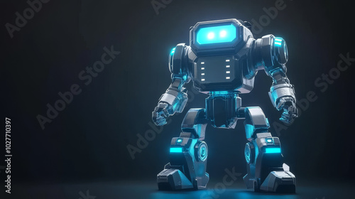 A 3D rendering of a battle robot set against a dark background. The robot is designed with an armored, futuristic appearance, showcasing intricate details and powerful features, evoking a sense of str photo