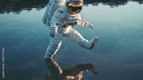 An illustration of an astronaut dancing, with their reflection visible on the surface of a nearby space object, such as a helmet or a pane of glass. The dance captures a sense of freedom and weightles photo