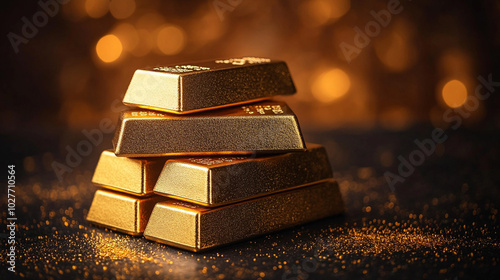 pure gold bars arranged neatly, symbolizing wealth, success, and financial stability. Represents luxury, prosperity, investment, and the allure of tangible assets