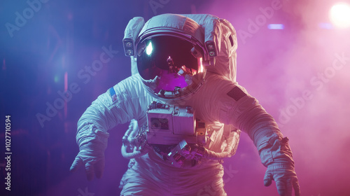 An illustration of an astronaut dancing, with their reflection visible on the surface of a nearby space object, such as a helmet or a pane of glass. The dance captures a sense of freedom and weightles photo