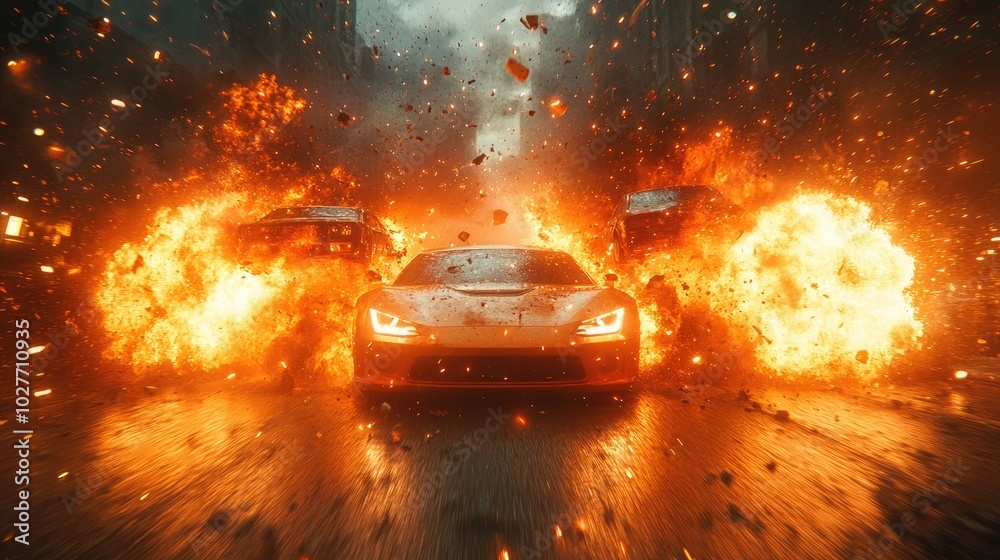 Dramatic Scene of Cars Colliding and Exploding for Action Films and Gaming Dramatic Scene of Cars Colliding and Exploding for Action Films and Gaming