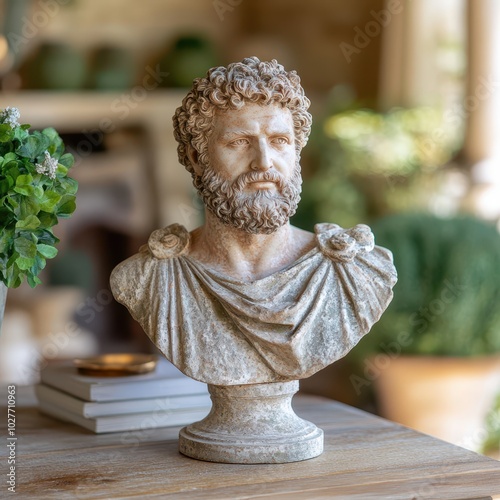 a bust of a man sitting on a table photo