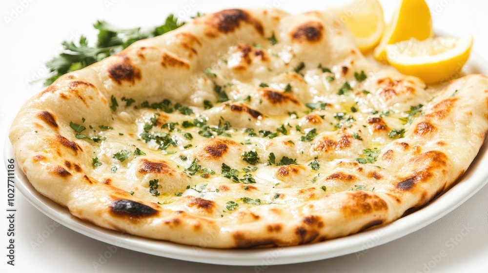 Freshly Baked Garlic Naan with Lemon Slices Freshly Baked Garlic Naan with Lemon Slices