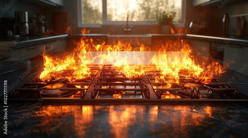 Vibrant Gas Flames Dancing in a Modern Kitchen: Perfect for Culinary and Interior Design Themes Vibrant Gas Flames Dancing in a Modern Kitchen: Perfect for Culinary and Interior Design Themes