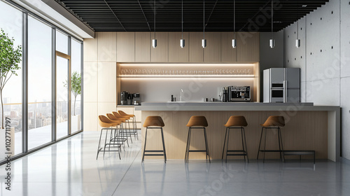A quiet corporate breakroom, with stylish counters, modern stools, and no employees