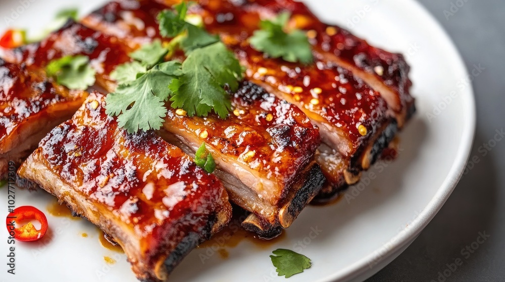 Delicious Glazed Pork Belly on a White Plate