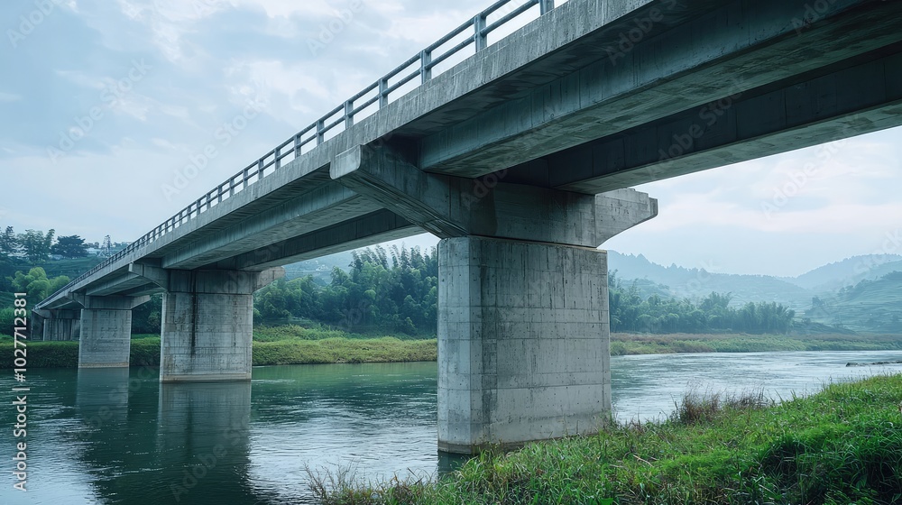 Modern Concrete Bridge Over Calm Water Scene Modern Concrete Bridge Over Calm Water Scene