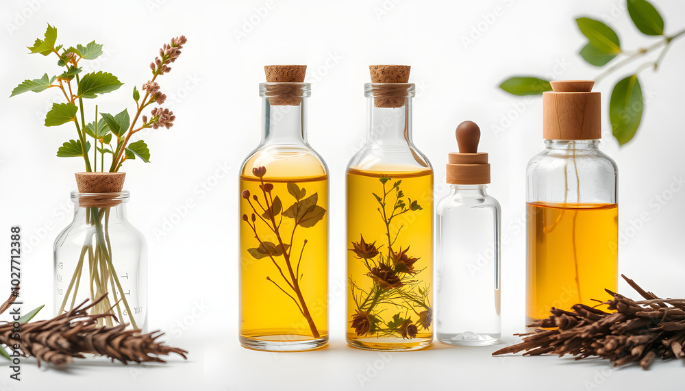 Chinese herbal medicine concept. Healing fresh herbs and essential oil in glass bottles isolated with white highlights, png