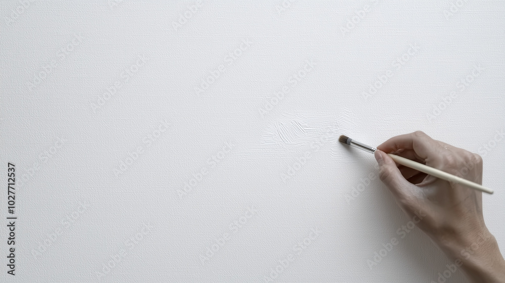 Close-up of an artist’s brush making the first stroke on a blank canvas photo Close-up of an artist’s brush making the first stroke on a blank canvas photo