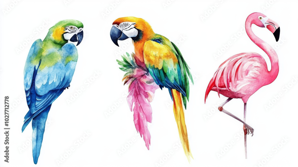 Fototapeta premium Create a set of exotic birds in a watercolor illustration, featuring a macaw parrot, a toucan, and a pink flamingo. The design should showcase each bird in detail, highlighting their vibrant colors an