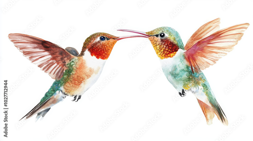 Obraz premium Create a watercolor illustration featuring a set of beautiful tropical birds, specifically two hummingbirds, set against an isolated white background. The design should emphasize the vibrant colors an