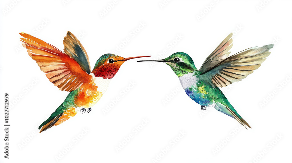 Obraz premium Create a watercolor illustration featuring a set of beautiful tropical birds, specifically two hummingbirds, set against an isolated white background. The design should emphasize the vibrant colors an