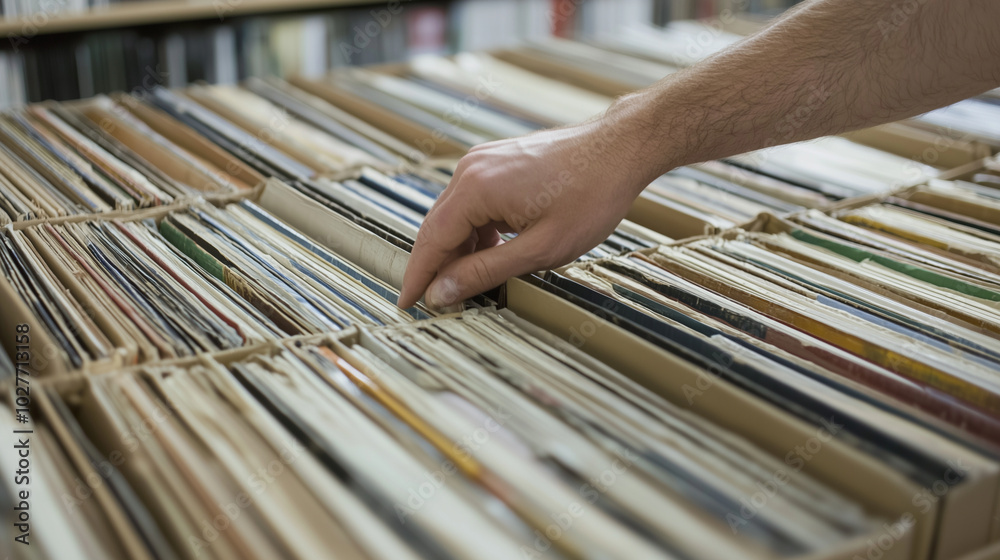 POV shot of hands flipping through old vinyl records in a vintage shop photo POV shot of hands flipping through old vinyl records in a vintage shop photo