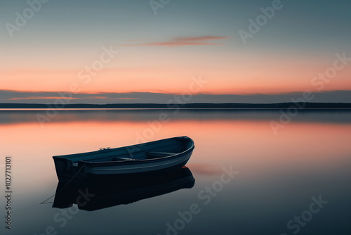 A solitary boat on a calm empty lake at sunset