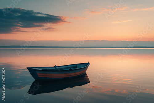 A solitary boat on a calm empty lake at sunset