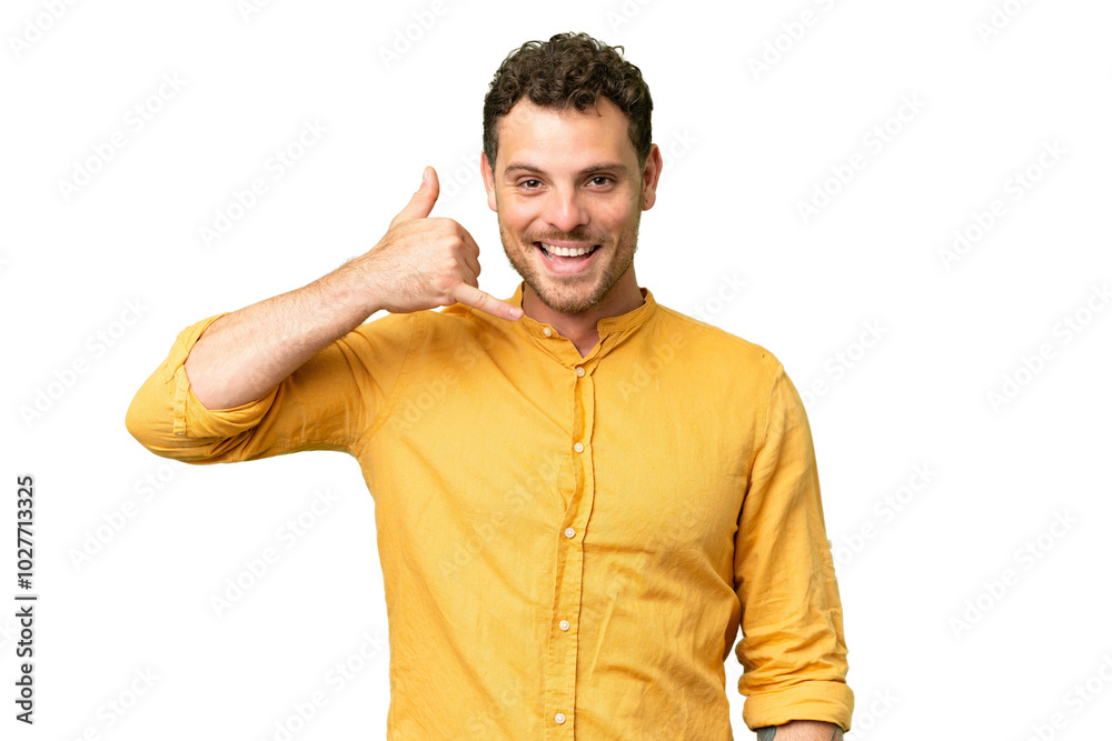 Brazilian man over isolated chroma key background making phone gesture. Call me back sign Brazilian man over isolated chroma key background making phone gesture. Call me back sign