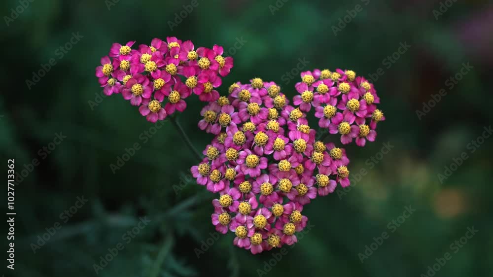 A close-up shot of vibrant pink and yellow wildflowers in full bloom against a dark, blurred background. The detailed view showcases the unique cluster of small flowers with delicate petals and bright A close-up shot of vibrant pink and yellow wildflowers in full bloom against a dark, blurred background. The detailed view showcases the unique cluster of small flowers with delicate petals and bright