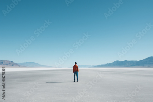 A solitary figure standing on a vast empty plain