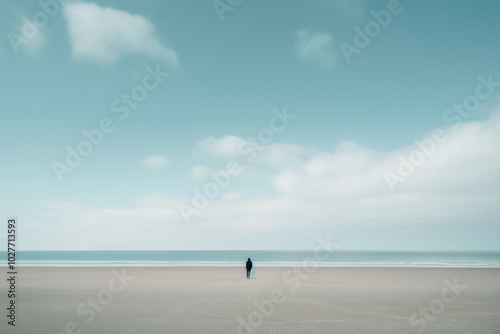 A solitary figure walking on a vast empty beach