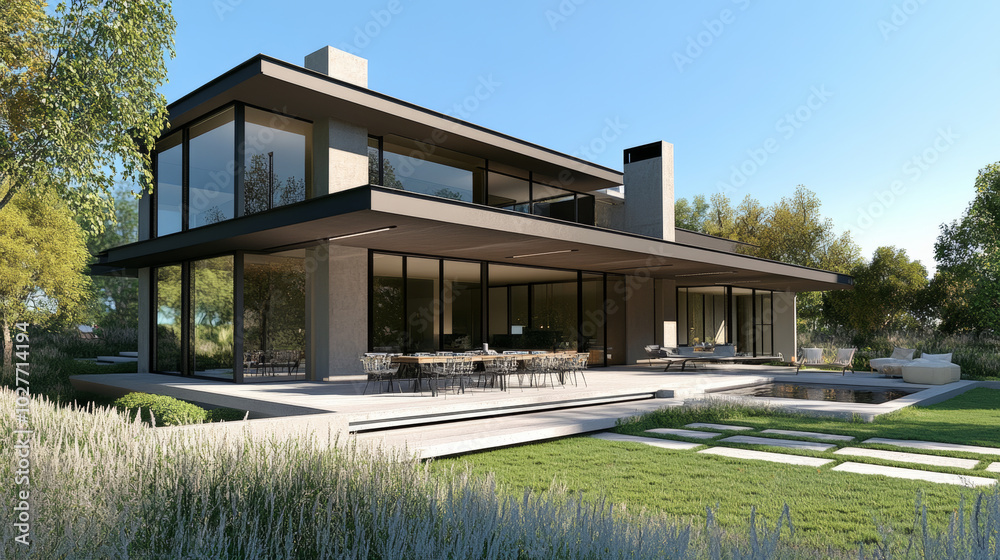 Fototapeta premium A daytime view of a luxurious modern house exterior, showcasing a stylish dining space and a beautifully landscaped garden. The design emphasizes sleek architecture and inviting outdoor areas.