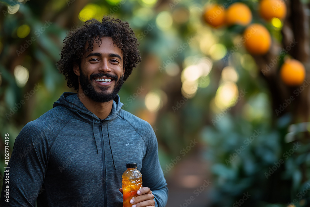 Fototapeta premium A young man enjoying a refreshing drink in an orange grove on a sunny day