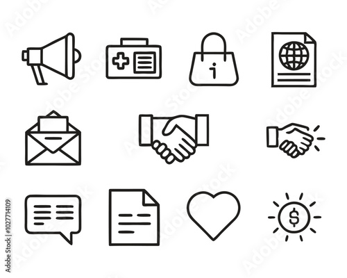 Business marketing thin line icon set. Containing sponsor, agreement, donation, handshake, partnership, trust, money, social media, megaphone, campaign, purchase, donation. Vector illustration