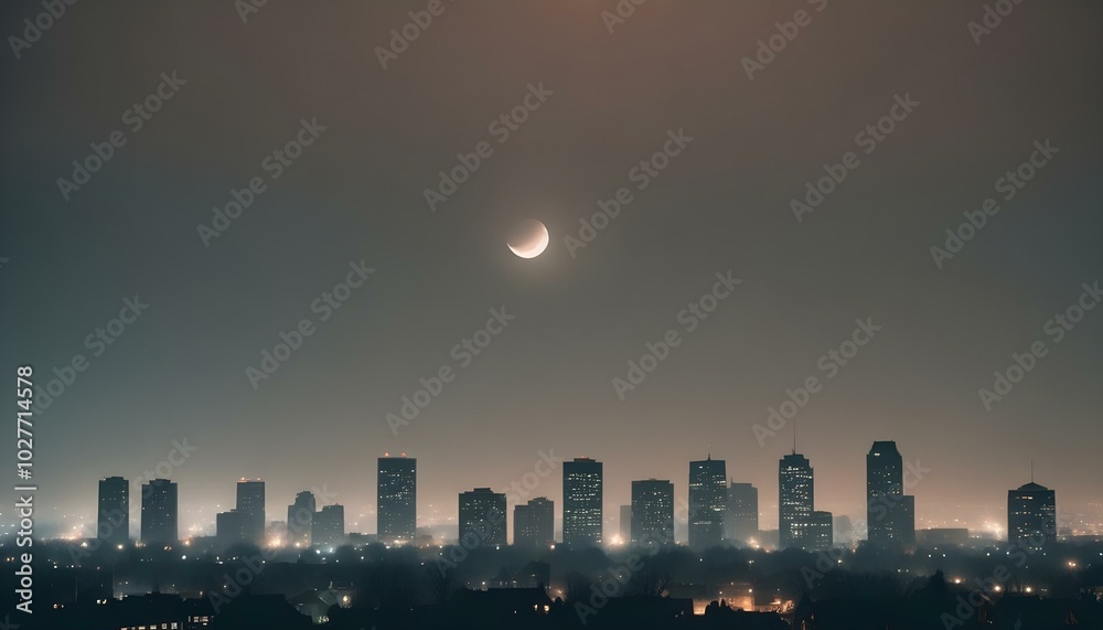 A large moon rising over a city skyline with tall skyscrapers, creating a striking urban scene illuminated by lunar light A large moon rising over a city skyline with tall skyscrapers, creating a striking urban scene illuminated by lunar light