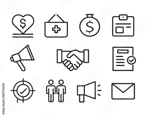 Business marketing thin line icon set. Containing sponsor, agreement, donation, handshake, partnership, trust, money, social media, megaphone, campaign, purchase, donation. Vector illustration