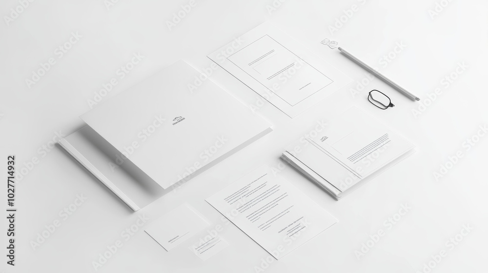 Create a clean and minimalistic mockup template featuring various stationery items, including a letterhead, folder, brochure, business card, and envelope. These items should be blank, isolated on a wh Create a clean and minimalistic mockup template featuring various stationery items, including a letterhead, folder, brochure, business card, and envelope. These items should be blank, isolated on a wh