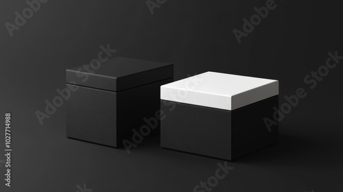 Create a mockup featuring two boxes, one black and one white, displayed against a black background. The design should focus on minimalistic aesthetics, with the contrasting colors of the boxes standin