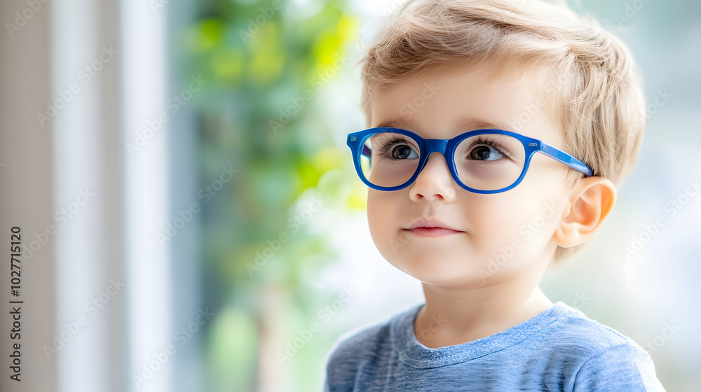 Young child wearing blue glasses focusing on distant tree outside window, symbolizing myopia prevention and importance of outdoor activities. Young child wearing blue glasses focusing on distant tree outside window, symbolizing myopia prevention and importance of outdoor activities.
