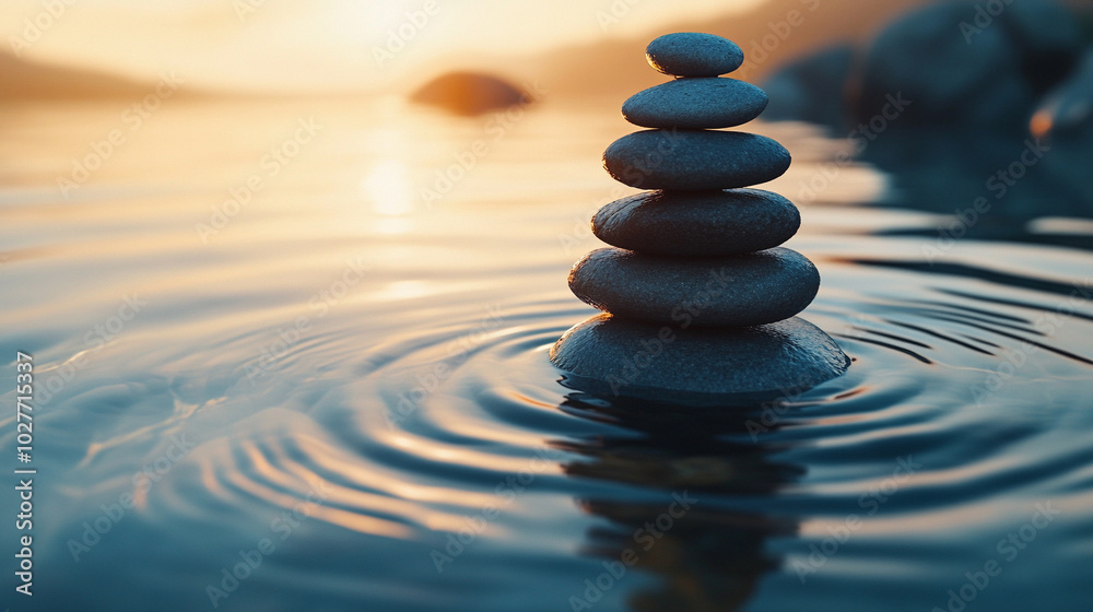 Smooth stones arranged in water, creating gentle ripples that radiate outward. Symbolizes inner peace, meditation, and the interconnectedness of thoughts and actions in a serene environment Smooth stones arranged in water, creating gentle ripples that radiate outward. Symbolizes inner peace, meditation, and the interconnectedness of thoughts and actions in a serene environment