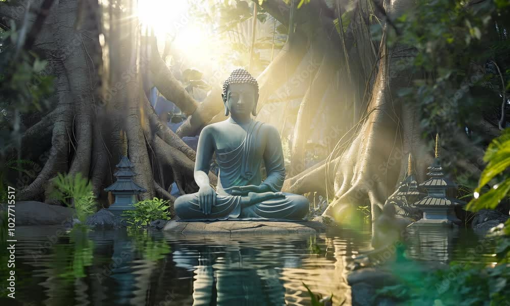 Buddha statue in serene jungle setting with tranquil pond. Buddha statue in serene jungle setting with tranquil pond.