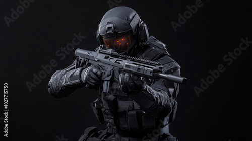 Create a panoramic image of a soldier equipped with a silencer weapon, dressed in a uniform that conforms to the Tactical Units of Police. The shot should be taken in a studio and isolated against a b photo