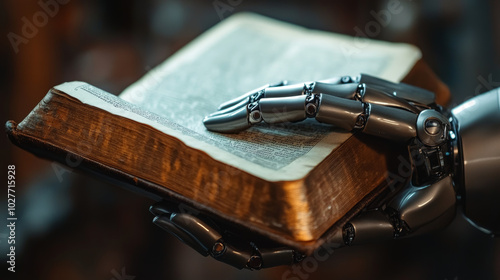 Create a visual that showcases a real robot's hand holding an ancient Bible. This design should represent the themes of artificial intelligence development and machine learning, highlighting the inter photo