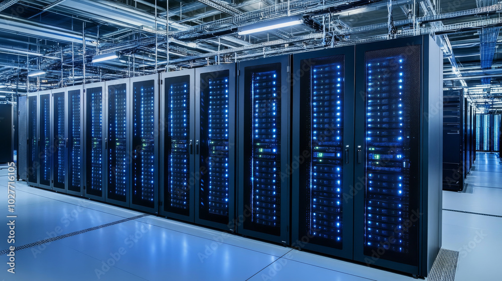 Create a visual representation featuring a supercomputer and rack-mounted servers within a modern data center. The design should symbolize the capabilities of high-performance computing and artificial Create a visual representation featuring a supercomputer and rack-mounted servers within a modern data center. The design should symbolize the capabilities of high-performance computing and artificial