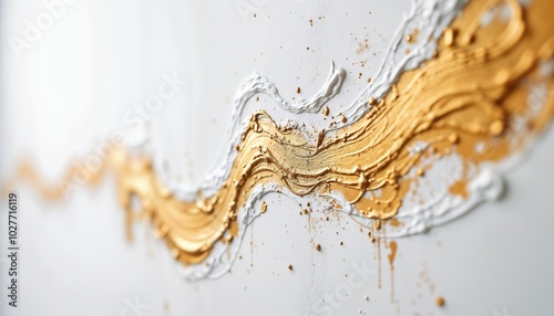 Close-up of white and gold abstract painting with vivid brushstrokes and textured surface