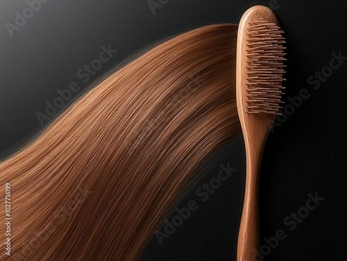 Hair gently brushed with a boar bristle brush, haircare inspiration, smooth and frizzfree look photo