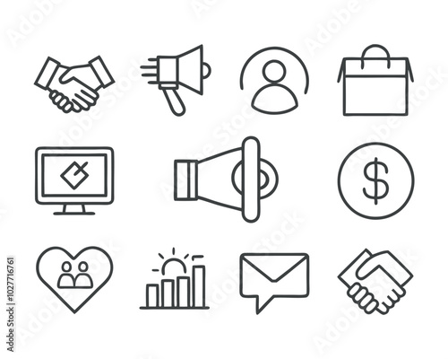 Business marketing thin line icon set. Containing sponsor, agreement, donation, handshake, partnership, trust, money, social media, megaphone, campaign, purchase, donation. Vector illustration