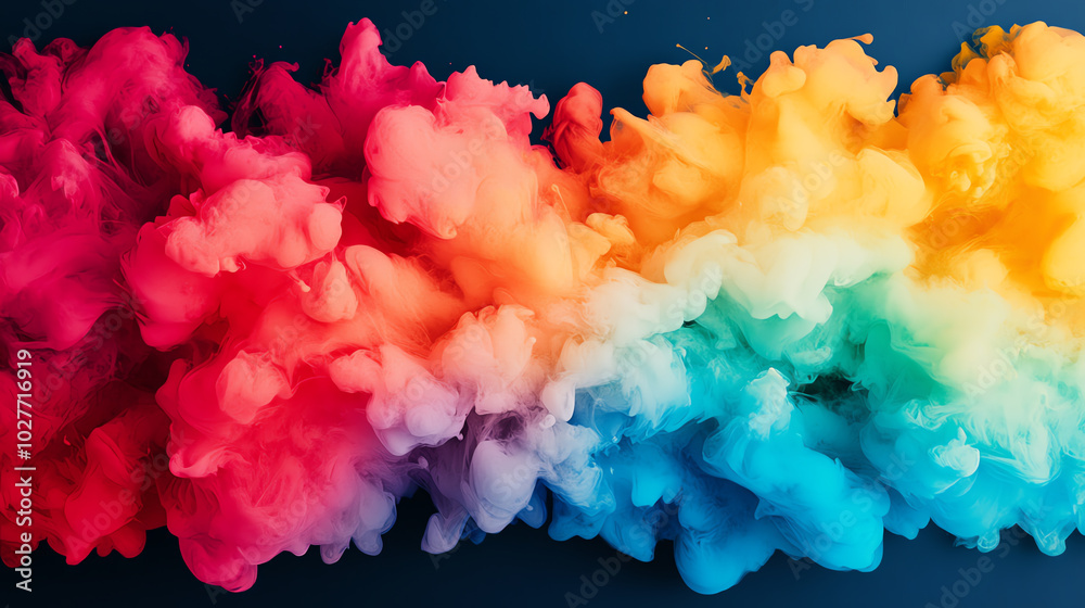 Fototapeta premium A vibrant, multicolored cloud of smoke displaying a gradient of colors from red to blue against a dark background, perfect for artistic designs and abstract themes.