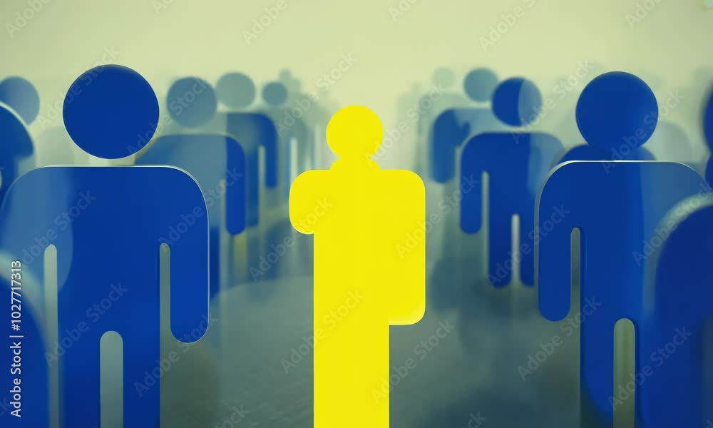Yellow figure stands out in crowd symbolizing individuality. Yellow figure stands out in crowd symbolizing individuality.