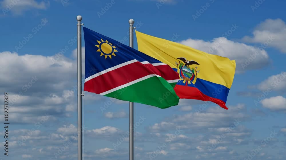 Ecuador and Namibia flags flying together, video concept of the relationship, two country relations concept Ecuador and Namibia flags flying together, video concept of the relationship, two country relations concept
