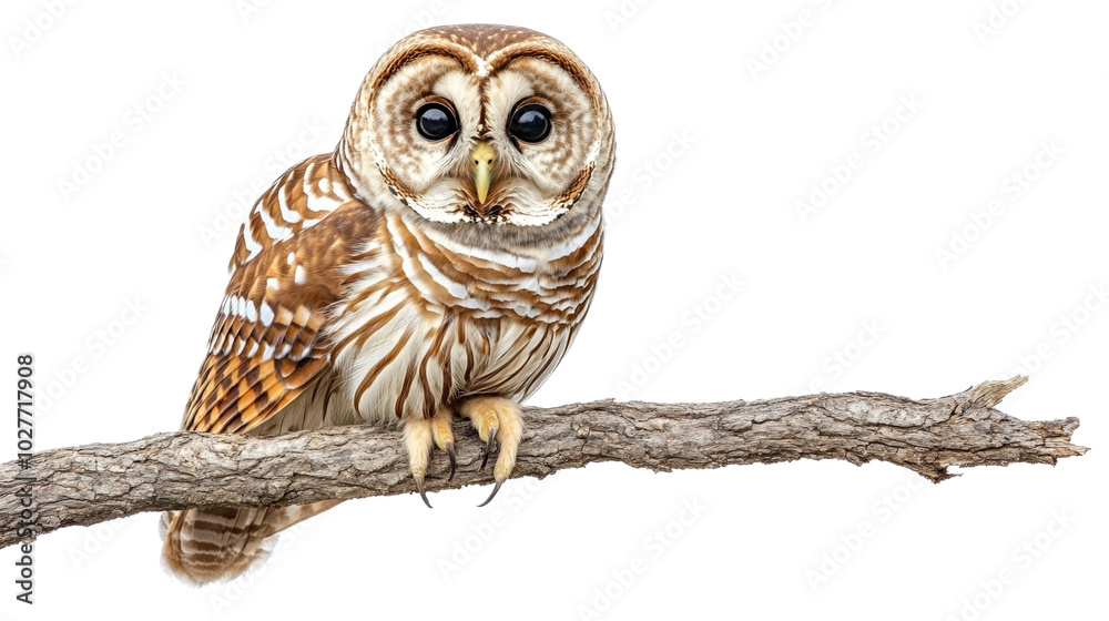 Naklejka premium A detailed illustration of a wise owl perched on a branch, showcasing intricate feathers and captivating eyes. isolated background