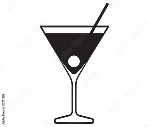 Cocktail glass icon, Martini glass with ice, Silhouette alcohol vector