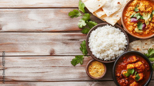 traditional Indian meal served on a banana leaf, featuring aromatic rice, rich curries, and assorted sides. The vibrant colors represent the cultural diversity and culinary heritage of India