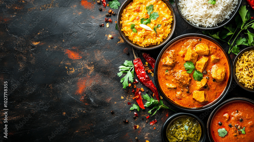 traditional Indian meal served on a banana leaf, featuring aromatic rice, rich curries, and assorted sides. The vibrant colors represent the cultural diversity and culinary heritage of India traditional Indian meal served on a banana leaf, featuring aromatic rice, rich curries, and assorted sides. The vibrant colors represent the cultural diversity and culinary heritage of India