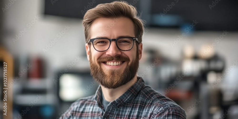 A smiling man in glasses poses confidently in a workshop environment. His plaid shirt adds a casual touch to the professional setting. Perfect for business and lifestyle themes. AI A smiling man in glasses poses confidently in a workshop environment. His plaid shirt adds a casual touch to the professional setting. Perfect for business and lifestyle themes. AI