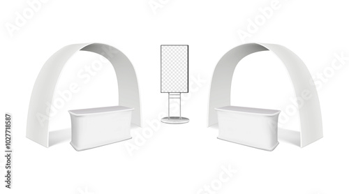Trade show booth display kit mock-up. Expo tradeshow set template. Blank white arch display stand, exhibition table counters, LCD monitor digital video banner. Realistic 3d vector mockup