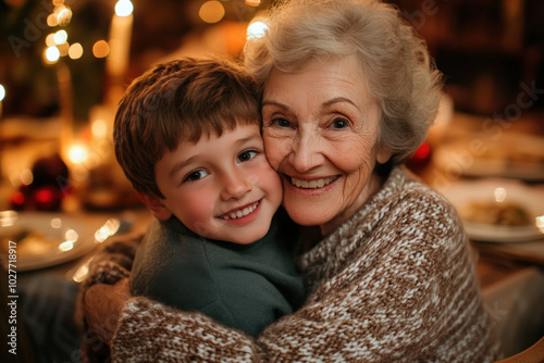 Older woman emotionally embraces her granddaughter, eyes closed, in a heartwarming display of love and connection. Family bond captured in a tender moment.